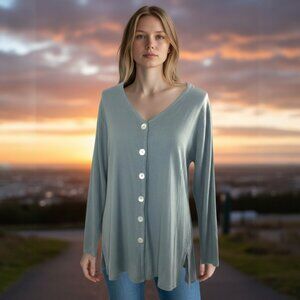 Oh My Gauze Charcoal Gray Boho Front Button Long Sleeve Fringe Top, Size Medium